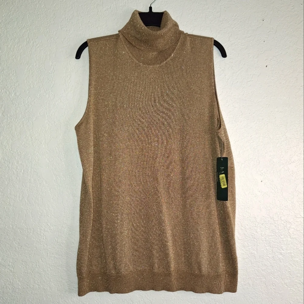 NWT LaurenRalphLauren Silk Blend Sequin Gold Turtleneck Sleeveless Sweater 2X - Picture 1 of 6